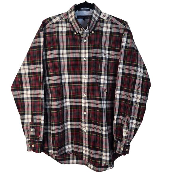 Vintage Tommy Hilfiger Shirt Men's M Red Plaid Button Up Preppy Academia Crest - Picture 1 of 11